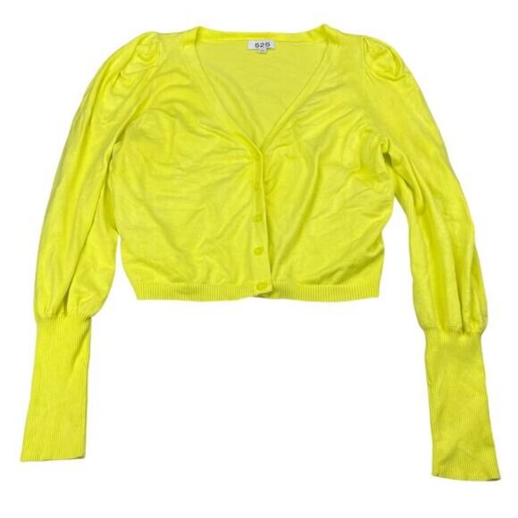 525 America V-Neckline Puffed-Sleeve Ribbed Cropped Cardigan Size Large - Picture 2 of 4